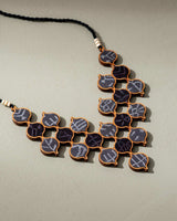 WHE Grey Tribal Motives Repurposed Fabric and Wood Statement Necklace with Adjustable Length neckpiece