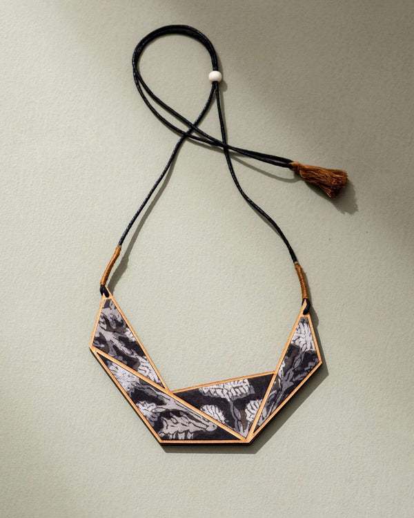 WHE Black and Beige Kalamkari Repurposed Fabric and Wood Connecting Triangle Adjustable Necklace