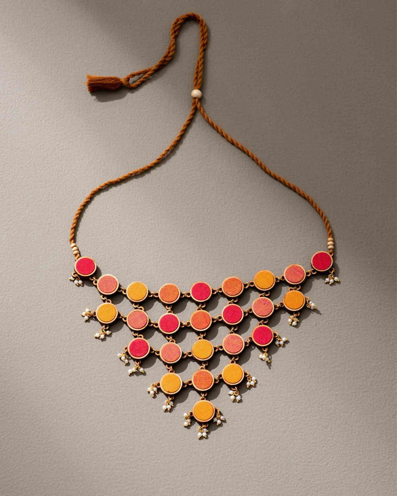 WHE Red and Orange Upcycled Fabric and Repurposed Wood Adjustable Statement Necklace