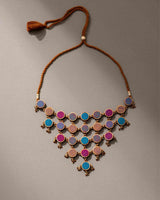 WHE Violet Multi Coloured Upcycled Fabric and Repurposed Wood Adjustable Statement Necklace
