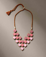 WHE Shades of Pink Repurposed Fabric and Wood Statement Necklace with Adjustable Length