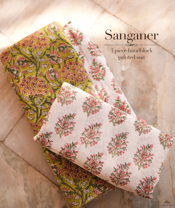 Exclusive Handblock Printed Sanganeer Chanderi Suit set