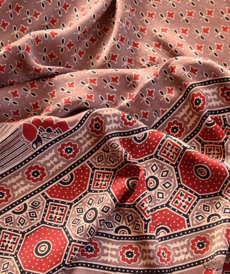 Ajrakh Modal Silk Hand Block Printed Saree