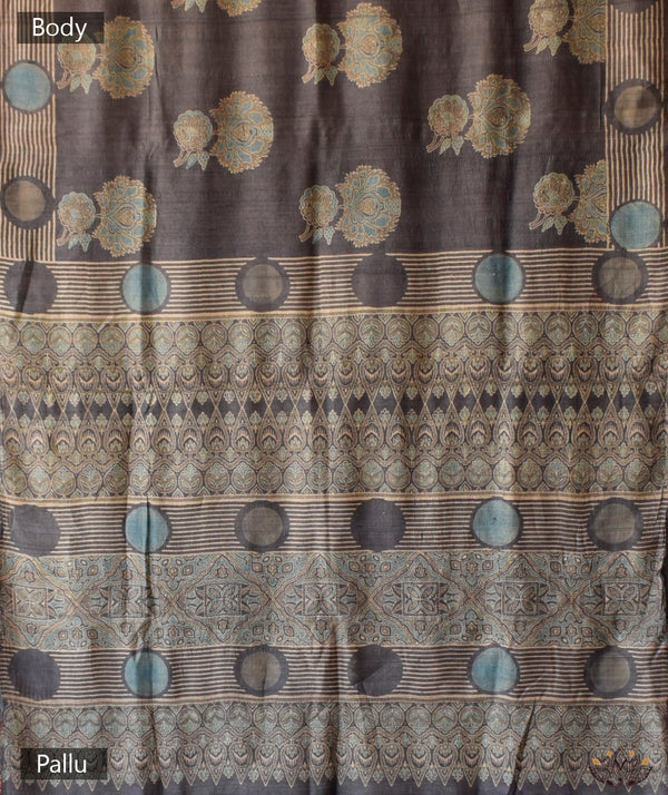 Ajrakh Tussar silk hand block printed saree