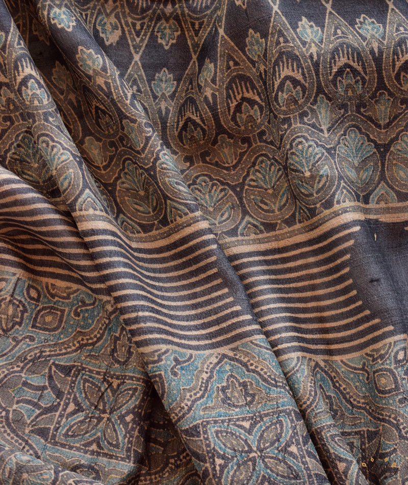 Ajrakh Tussar silk hand block printed saree