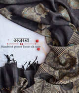 Ajrakh Tussar silk hand block printed saree