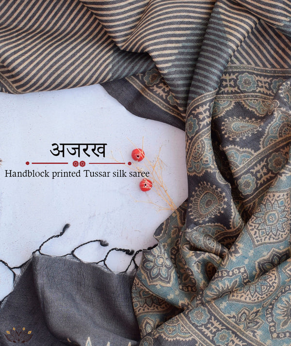 Ajrakh Tussar silk hand block printed saree