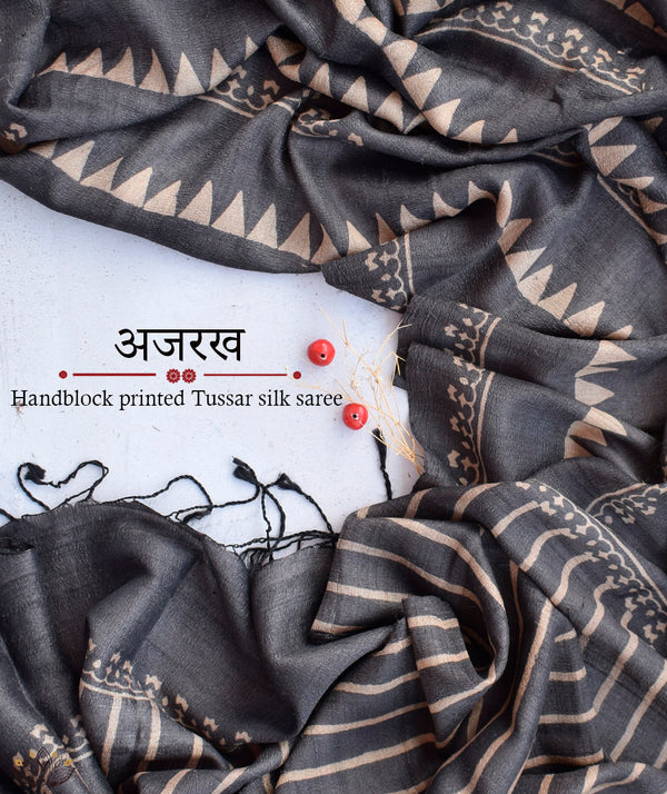 Ajrakh Tussar silk hand block printed saree