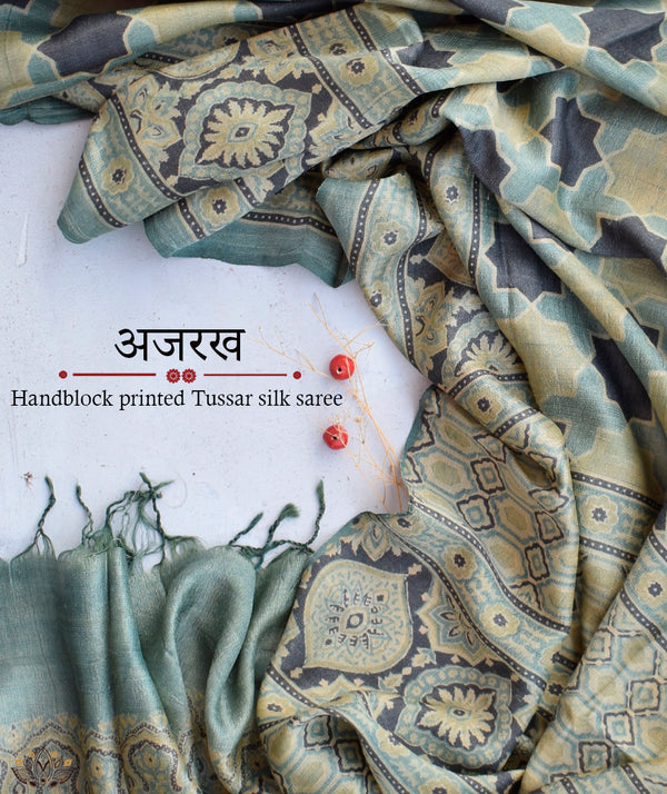 Ajrakh Tussar silk hand block printed saree