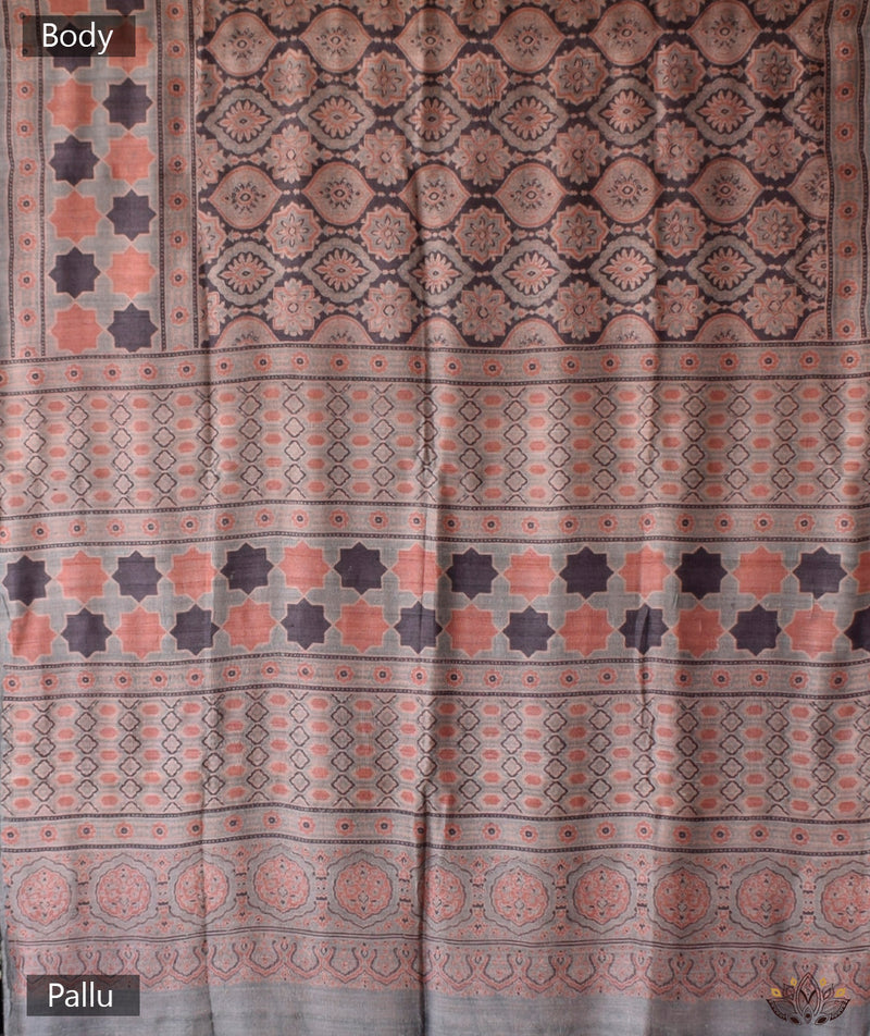 Ajrakh Tussar silk hand block printed saree