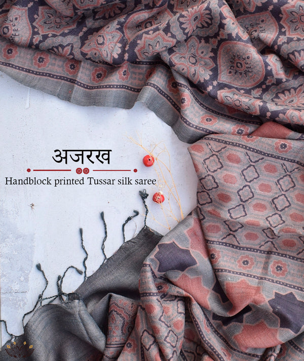 Ajrakh Tussar silk hand block printed saree
