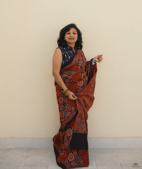 Ajrakh Hand Block Printed Modal Silk Saree With Blouse at Rs 3300, Hand  Block Silk Saree in Gandhidham