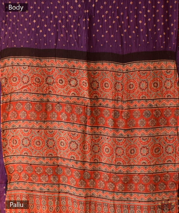Ajrakh cotton bandhani hand block printed saree