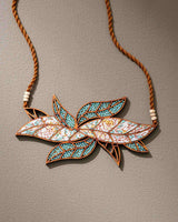 WHE Turquoise White Bloom Leaf Motif Upcycled Fabric and Repurposed Wood Necklace