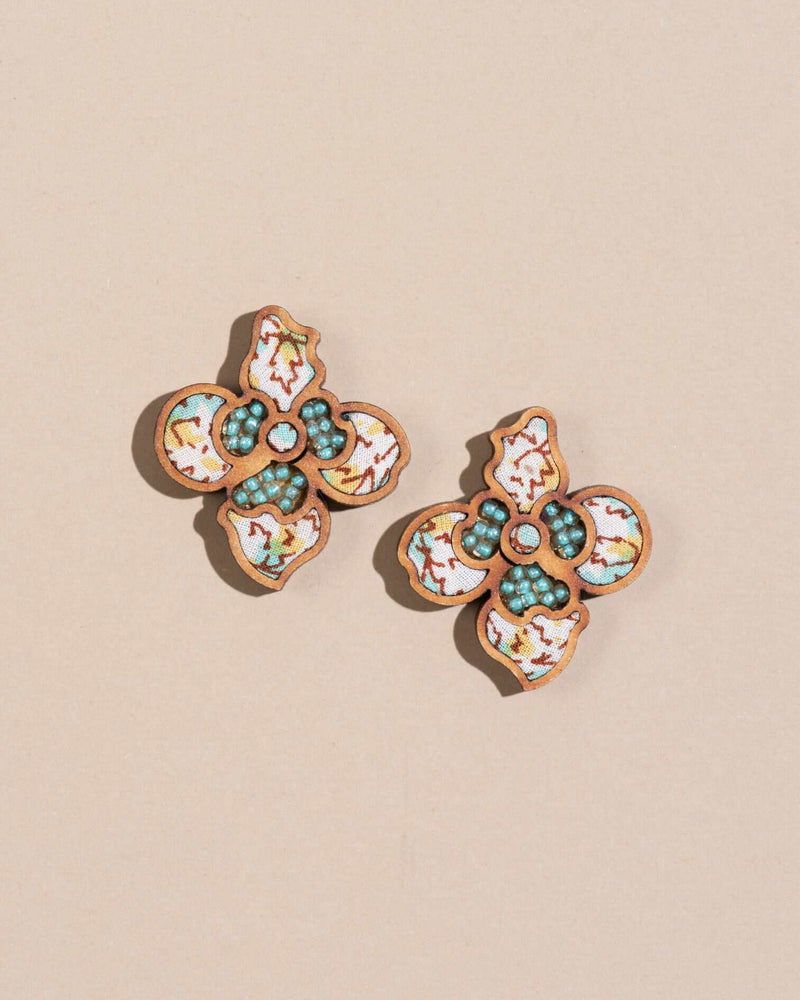 WHE Turquoise White Upcycled Fabric and Repurposed Wood Flower Stud Earrings