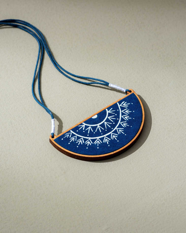 WHE Hand Painted Blue Upcycled Fabric and Repurposed Wood Semi Circle Necklace