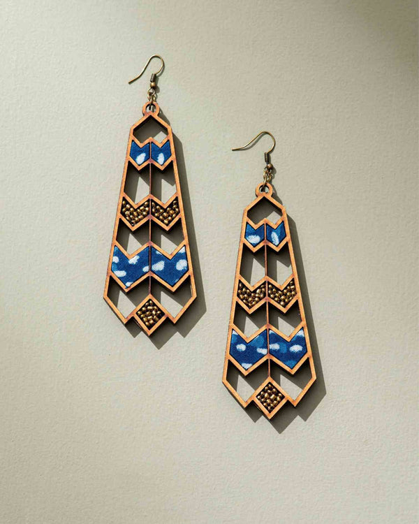 WHE Blue Wave Pattern Upcycled Fabric and Repurposed Wood Earrings