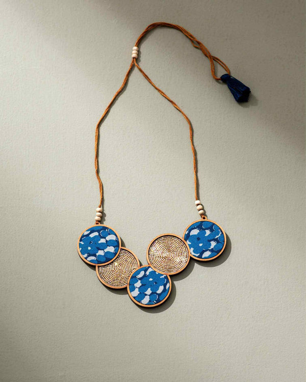 WHE Blue Connected Circle Upcycled Fabric and Repurposed Wood Necklace