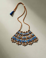 WHE Blue Wave Pattern Kalamkari Upcycled Fabric and Repurposed Wood Necklace