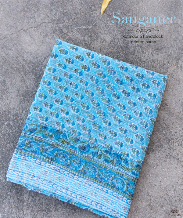 Sanganeer Handblock Printed Kota Doria Saree