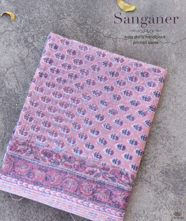 Sanganeer Handblock Printed Kota Doria Saree